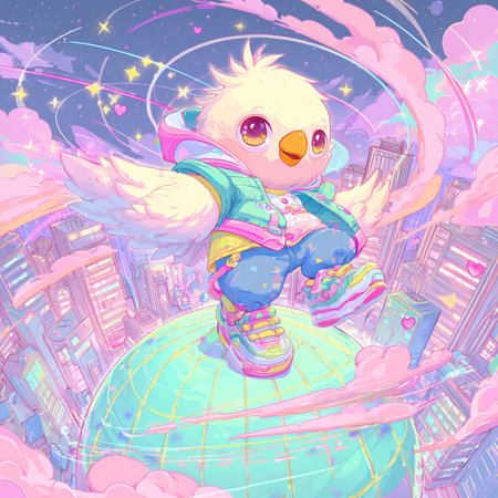 Vector illustration of a cute cartoon owl on the planet in the city.の素材