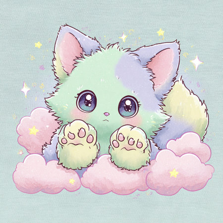 Illustration of cute cat in the clouds. Watercolor style.の素材