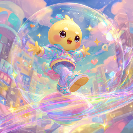 Cute baby in the soap bubbles on the background of the cityの素材