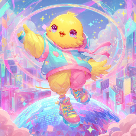 cartoon image of a little chick on roller skates in the cityの素材
