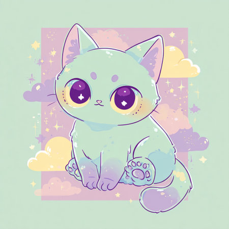 Cute cartoon cat sitting on colorful background with clouds and stars.の素材