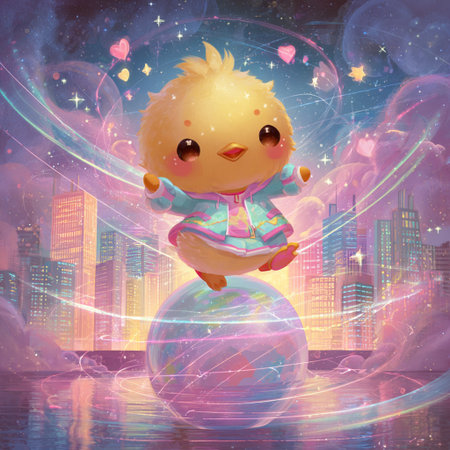 Cute little chick on the planet in the night city. Vector illustration.の素材