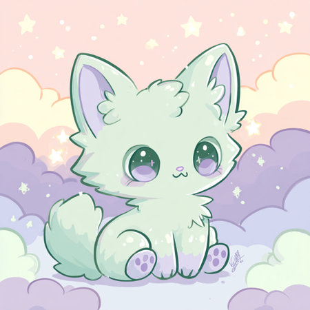 Cute cartoon fox sitting on the background of clouds and stars.の素材