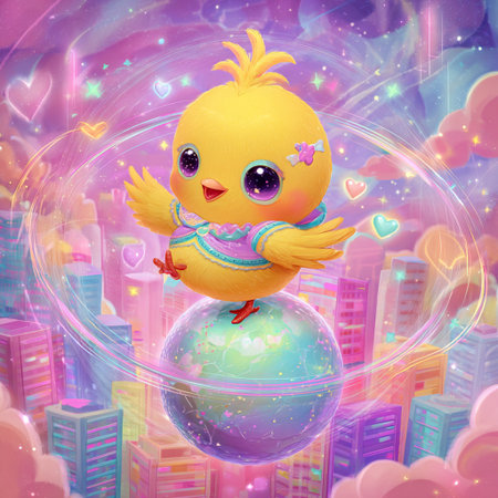 Cute little yellow chicken on a globe in the city. Cartoon illustration.の素材
