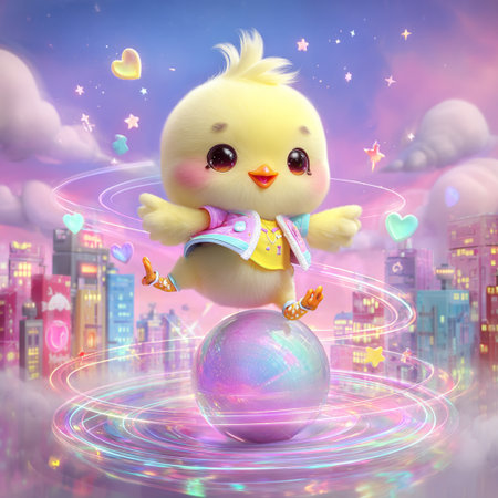 Cute little chick on a globe in the night city. 3D renderingの素材
