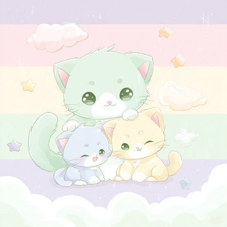 Cute cartoon cat and kitten sitting on the cloud. Vector illustrationの素材