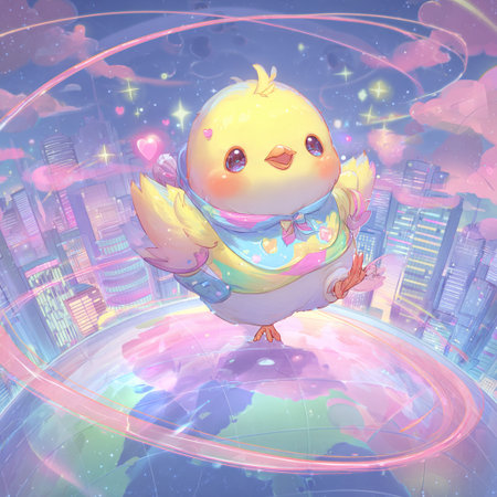 cute little chicken on the planet in the night city, illustrationの素材