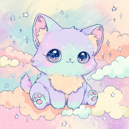 Cute cat on a background of clouds and stars. Vector illustration.の素材