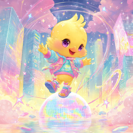Cute little girl flying on the planet in the night city.の素材