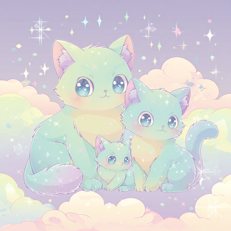 Three cute cats sitting on a cloud with stars. Vector illustration.の素材