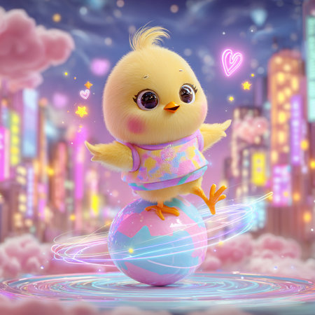Cute chick on a globe in the night city. 3D rendering.の素材