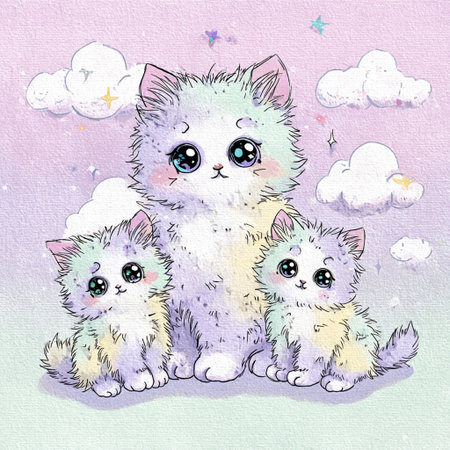 Three cute kittens on a pink background. Watercolor illustration for children.の素材