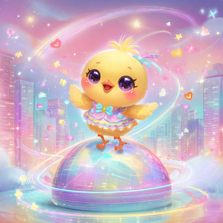 Cute little chicken on a planet in the night city. Cartoon illustration.の素材