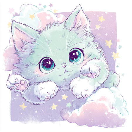 Cute kitten with blue eyes on the background of stars and cloudsの素材