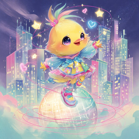 Cute little chick on the background of the city and lights.の素材