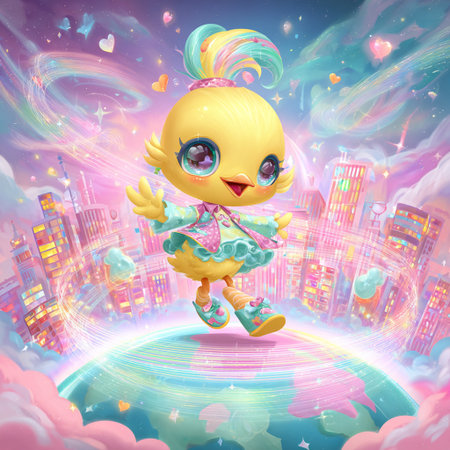 Cute cartoon chick on the background of the planet. Illustrationの素材
