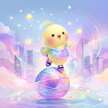 Cute little chick on the ball. Colorful vector illustration.の素材