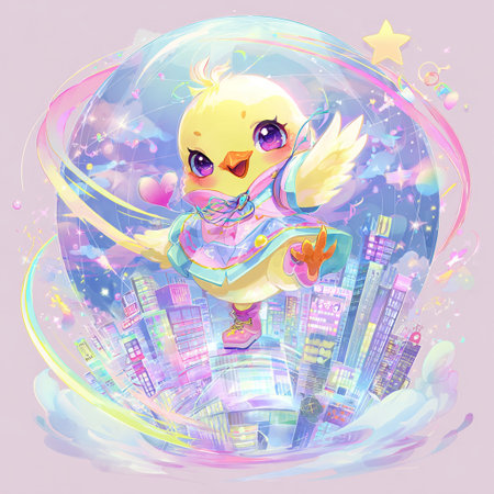 Cute cartoon chick on the background of the city. Vector illustration.の素材