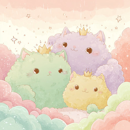 Cute kawaii cats with crowns. Vector illustration.の素材