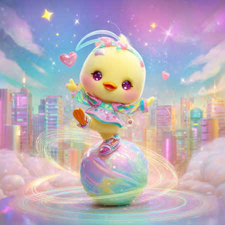 Cute chick on the background of the city. 3D renderingの素材