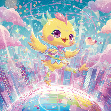 Cute little chick on the background of the city. Vector illustration.の素材