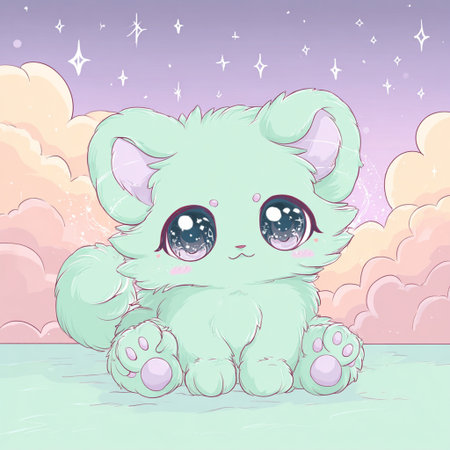 Cute cartoon baby bear with big eyes sitting in the clouds.の素材