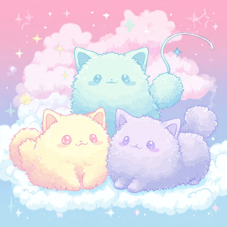 Cute cartoon kawaii cats on the clouds. Vector illustration.の素材