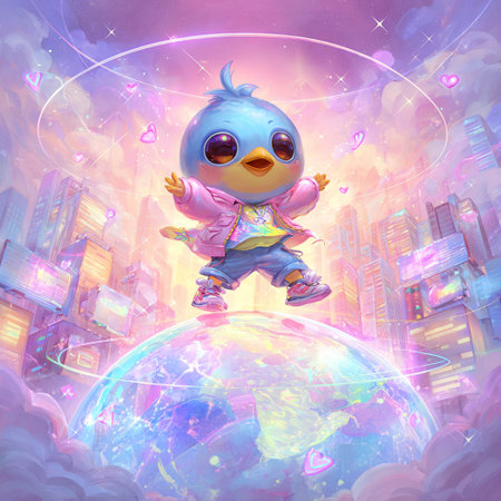 Fantasy illustration of a cute little boy flying over the planet.の素材