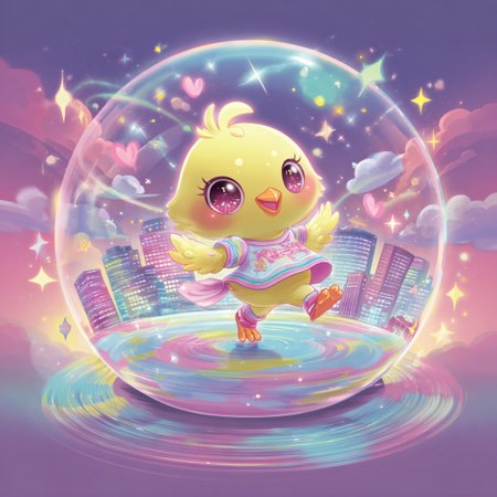 Cute little chick in a glass ball on the background of the night cityの素材