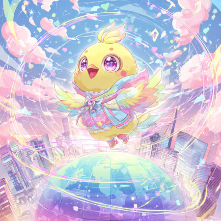 Cute little chick on the background of the city. Vector illustration.の素材