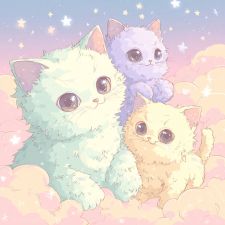 Cute cartoon kittens on a background of clouds and stars. Vector illustration.の素材