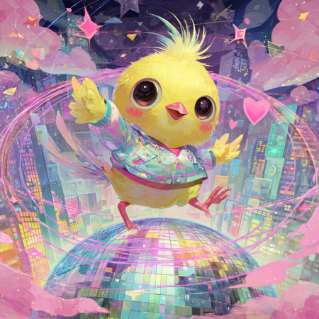 Cute little yellow chick on the background of the globe and the cityの素材