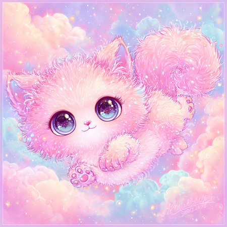 Cute pink cat with blue eyes on a background of clouds and skyの素材