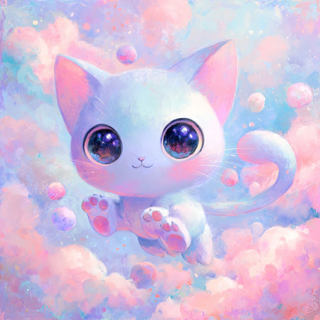 Cute cartoon cat with blue eyes and pink clouds in the background.の素材