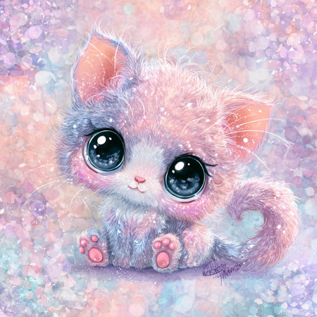 Cute little kitten with big eyes. Digital watercolor painting.の素材