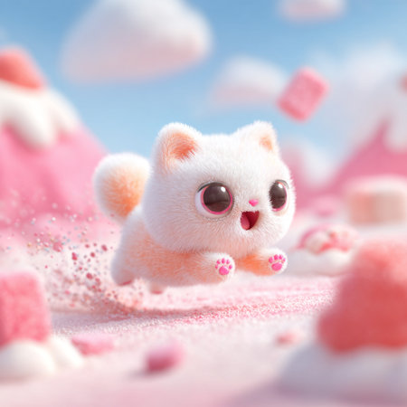Cute bear with pink candy on the background of the sky.の素材