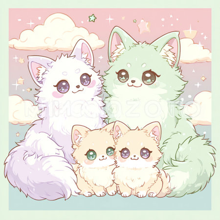 Cute cat with two kittens in the sky. Vector illustration.の素材