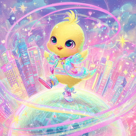 Cute little chick on the background of the night city. Children's illustration.の素材