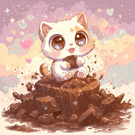 Cute cartoon kitten sitting on a rock in the rain. Vector illustration.の素材