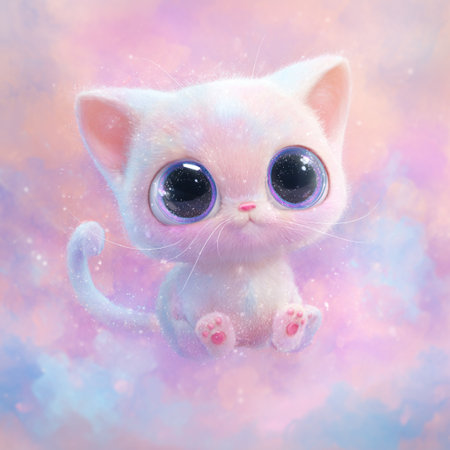 Cute white kitten with blue eyes on a pink background. Digital painting.の素材