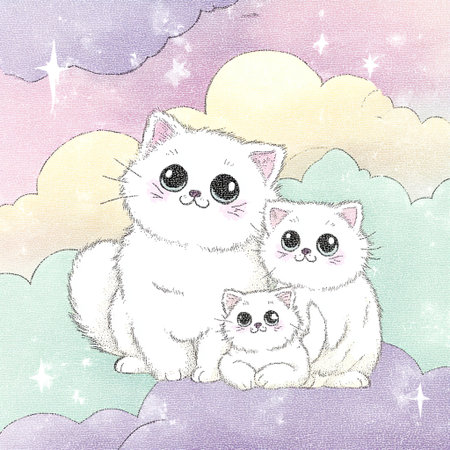 Cute white cat with kittens on a background of clouds and starsの素材