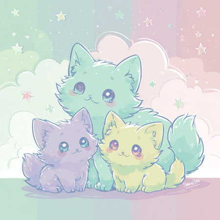 Illustration of a Cute Cats on a Cloudy Sky Backgroundの素材