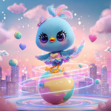 Cute little bird with big eyes sitting on a ball. 3d renderingの素材
