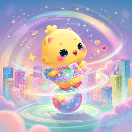 Cute cartoon chick on the ball. Vector illustration for your designの素材