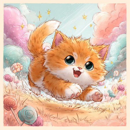Cute ginger kitten on the background of the sky with clouds.の素材