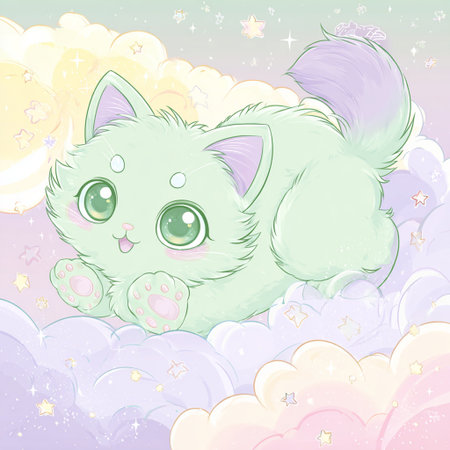 Illustration of a Cute Cartoon Cat Lying on a Cloudの素材