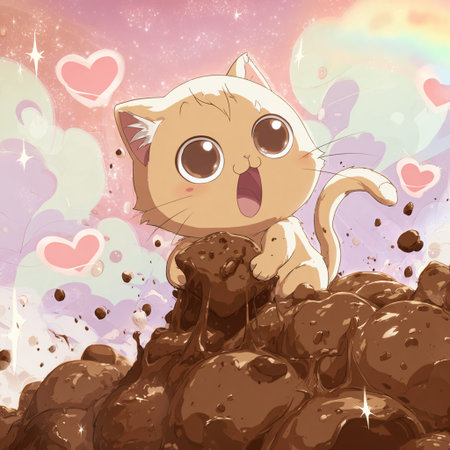 Cute cartoon cat sitting on a pile of chocolate candies.の素材