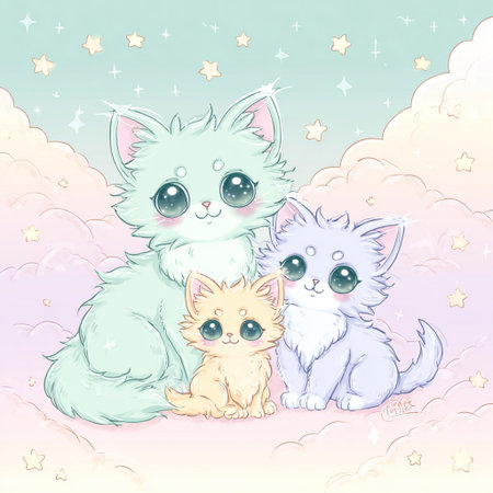 Illustration of Cute Cartoon Cats and kittens on the sky backgroundの素材