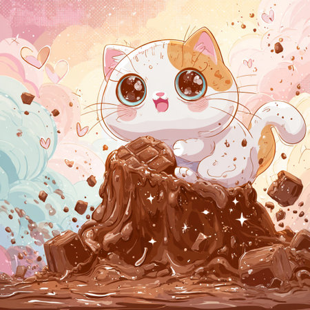 Cute cartoon cat sitting on the top of a chocolate cake.の素材