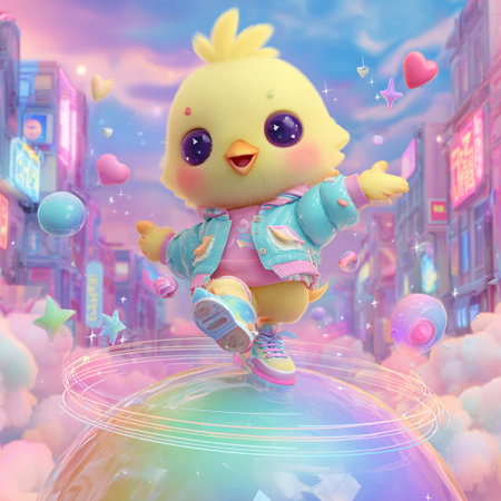 Cute little chick on a planet in the city. 3D renderingの素材